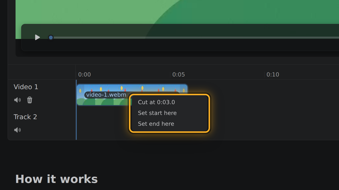 The menu on a video in the timeline: Cut at, Set start here, Set end here.