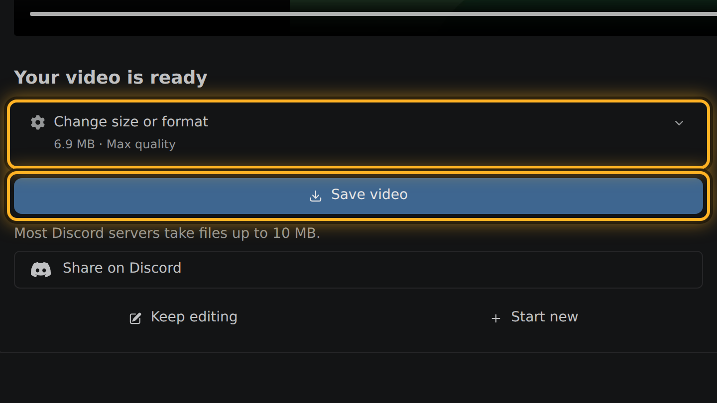 The finished video, its size and the Save video button.