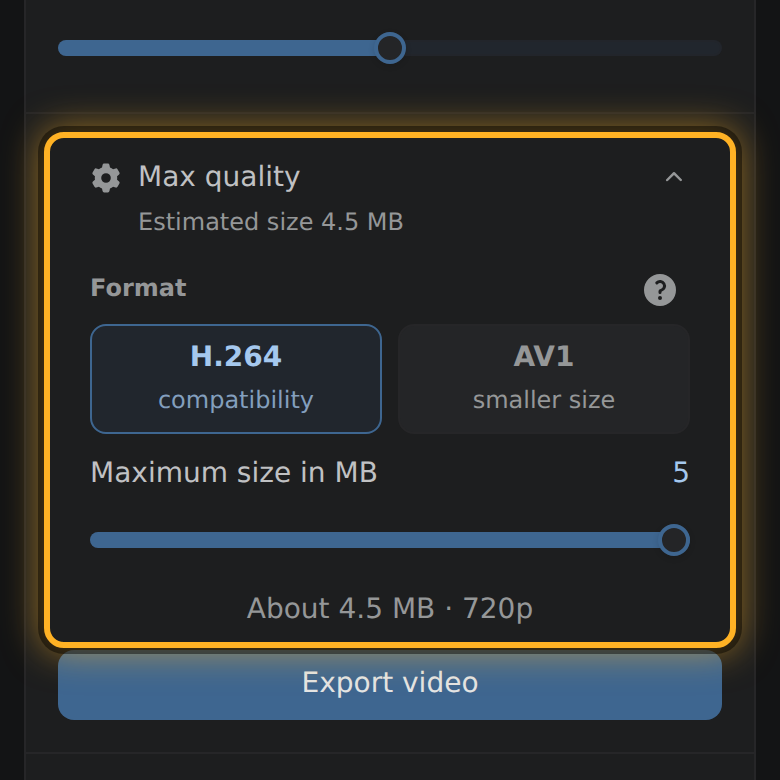 The size line above the Export video button, open with its slider.
