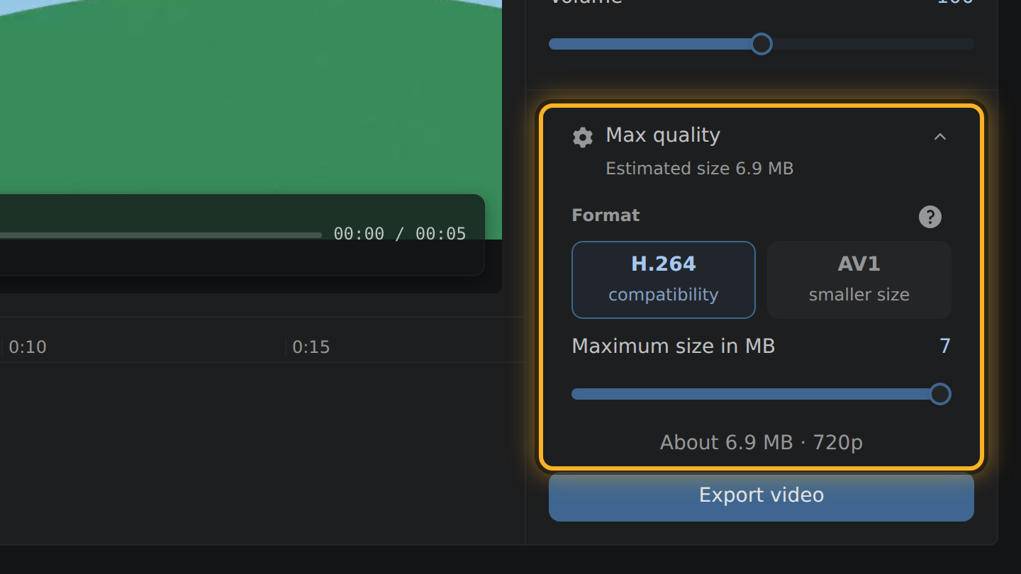 The size line above the Export video button, open with its slider.