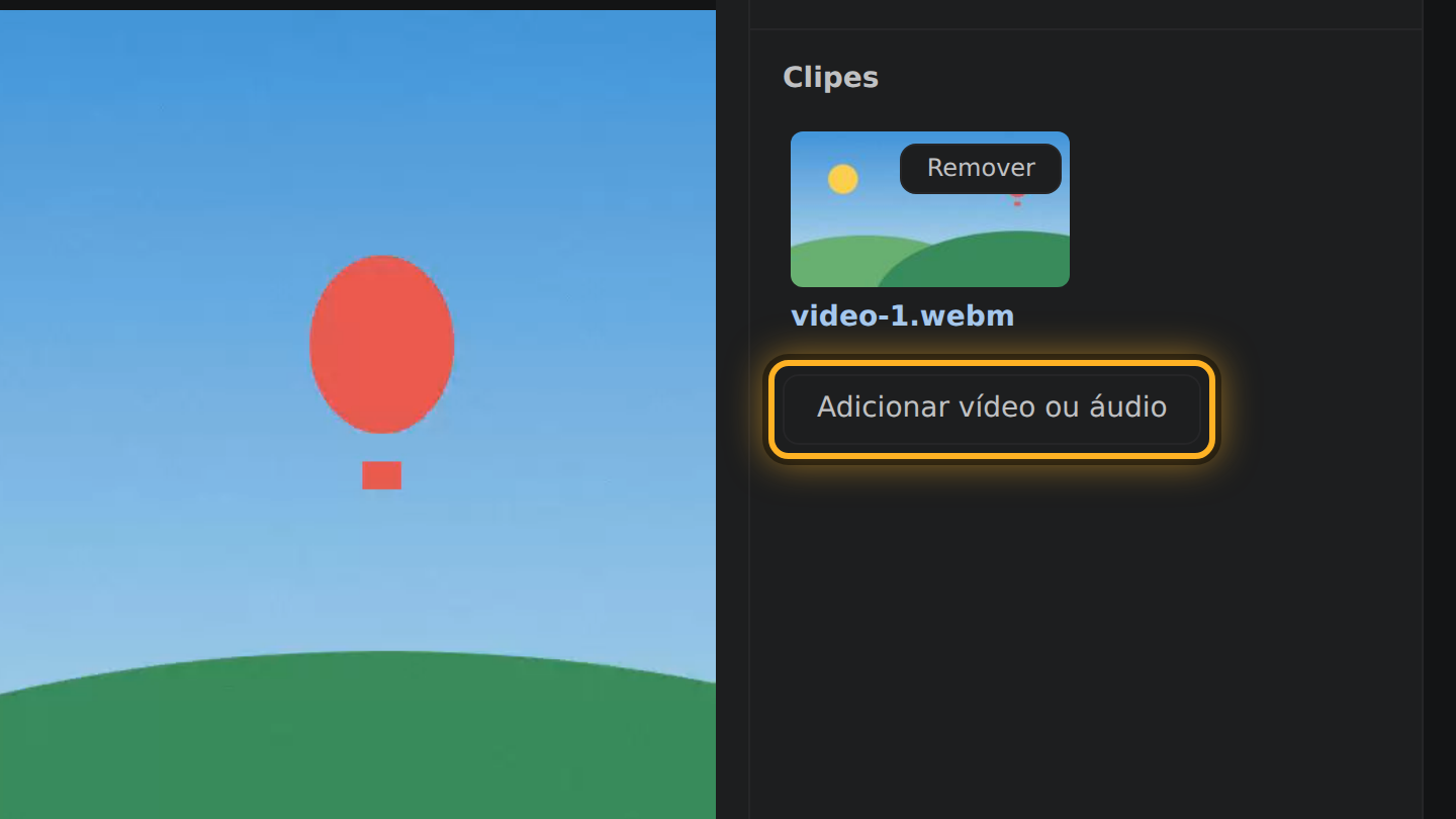 O botão “Adicionar vídeo ou áudio” em “Clipes”.