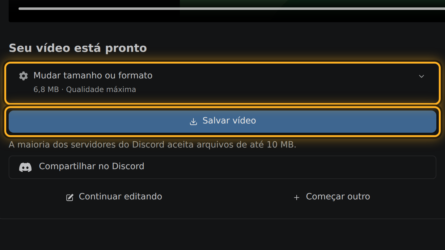 O vídeo pronto, o tamanho dele e o botão “Salvar vídeo”.