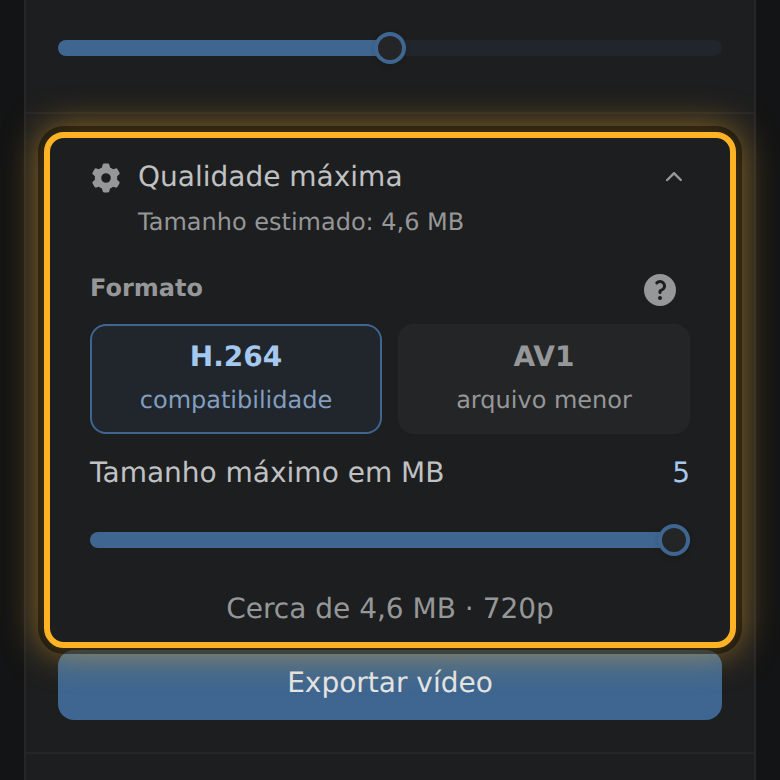 A linha do tamanho acima do botão “Exportar vídeo”, aberta com o controle.