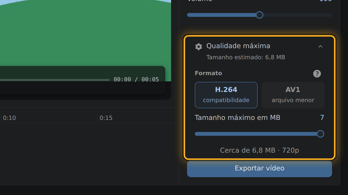 A linha do tamanho acima do botão “Exportar vídeo”, aberta com o controle.