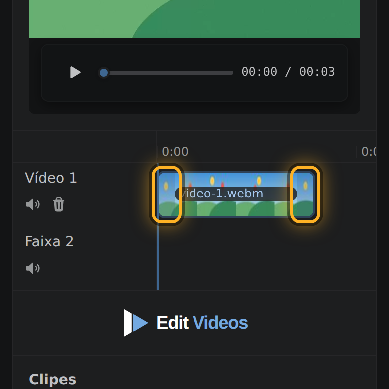Um vídeo na linha do tempo, com as duas pontas destacadas.
